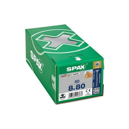 Spax Ahşap Konstrüksiyon Vidası, 8 x 80 mm, 50 Adet, Yarım Dişli, Havşa Başlı, T-STAR plus T40, 4KESİCİ UÇlu, WIROX Kaplama