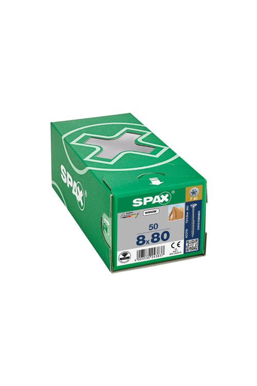 Spax Ahşap Konstrüksiyon Vidası, 8 x 80 mm, 50 Adet, Yarım Dişli, Havşa Başlı, T-STAR plus T40, 4KESİCİ UÇlu, WIROX Kaplama