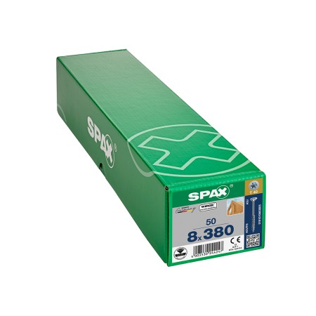 Spax Ahşap Konstrüksiyon Vidası, 8 x 380 mm, 50 Adet, Yarım Dişli, Havşa Başlı, T-STAR plus T40, 4KESİCİ UÇlu, WIROX Kaplama