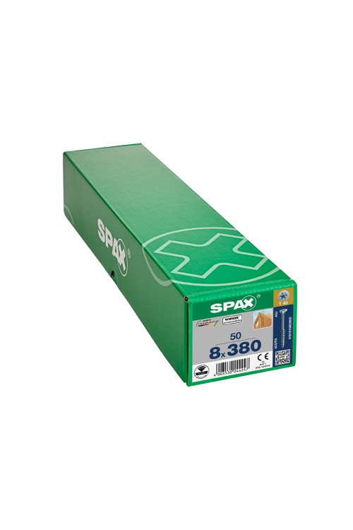 Spax Ahşap Konstrüksiyon Vidası, 8 x 380 mm, 50 Adet, Yarım Dişli, Havşa Başlı, T-STAR plus T40, 4KESİCİ UÇlu, WIROX Kaplama