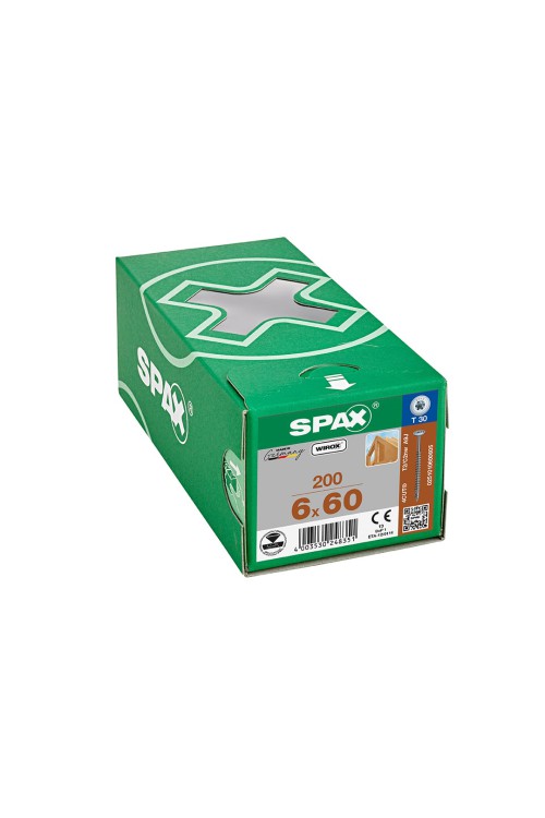 Spax HI.FORCE, 6 x 60 mm, 200 Adet, Tam Dişli, Pul Başlı, T-STAR plus T30, 4KESİCİ UÇlu, WIROX Kaplama