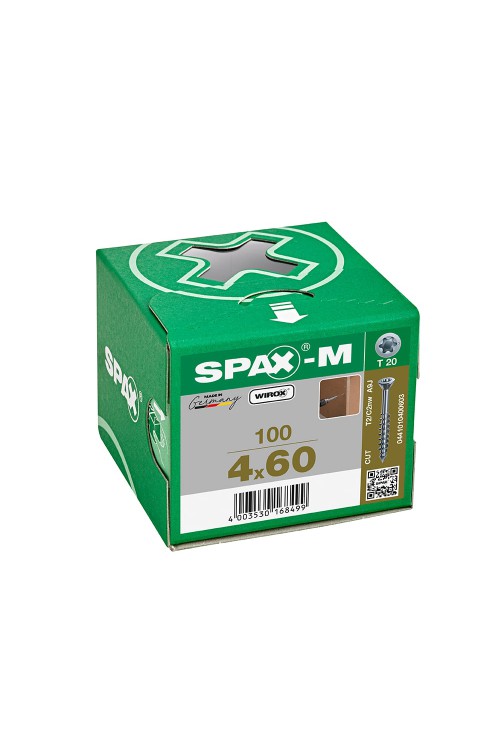 SPAX-M, 4 x 60 mm, 100 Adet, Yarım Dişli, Havşa Başlı, T-STAR plus T20, KESİCİ Uçlu Mdf Vidası , WIROX Kaplama