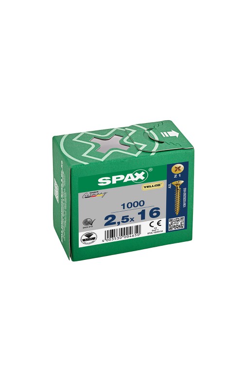 Spax Sunta Vidası, Evrensel Vida,  2,5 x 16 mm, 1.000 Adet, Tam Dişli, Havşa Başlı, Yıldız Z1, SPAX-S Versiyon, YELLOX Kaplama