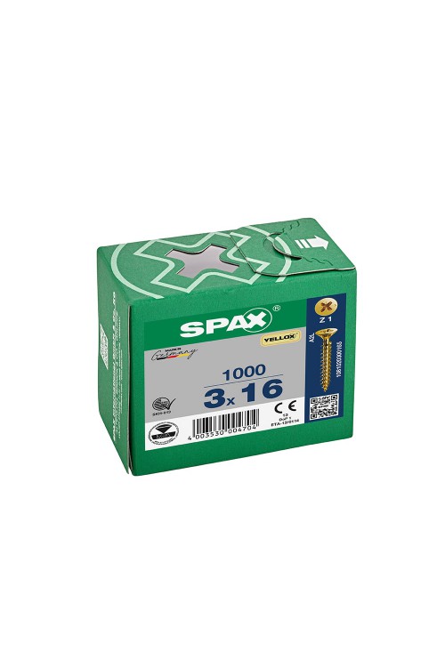 Spax Sunta Vidası, Evrensel Vida, 3 x 16 mm, 1.000 Adet, Tam Dişli, Havşa Başlı, Yıldız Z1, SPAX-S Versiyon, YELLOX Kaplama