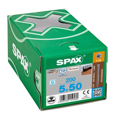 Spax Ahşap Teras Vidası, 5 x 50 mm, 200 Adet, Sabitleyici Dişli, Silindir Başlı, T-STAR plus T25, KESİCİ Uçlu, A2 Paslanmaz