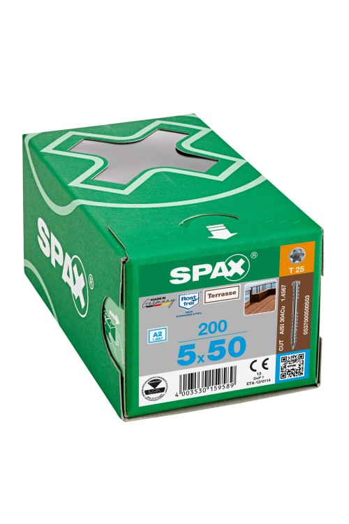 Spax Ahşap Teras Vidası, 5 x 50 mm, 200 Adet, Sabitleyici Dişli, Silindir Başlı, T-STAR plus T25, KESİCİ Uçlu, A2 Paslanmaz