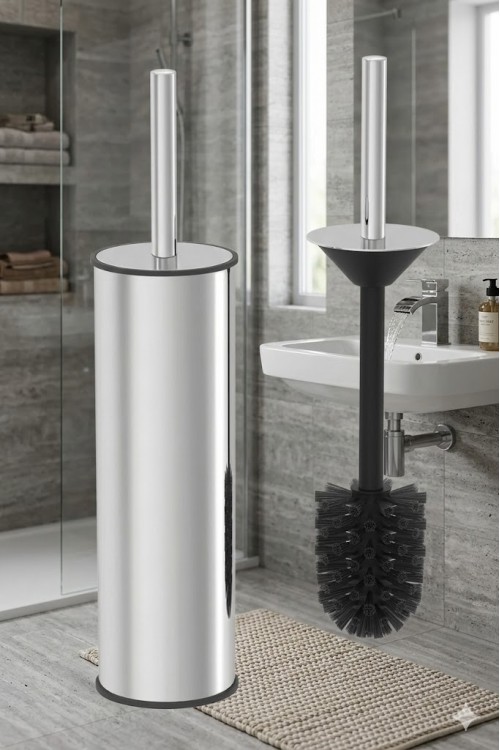 2’li Paslanmaz Çelik Banyo Seti 12 Litre Çöp Kovası ve Tuvalet Fırçası Gri