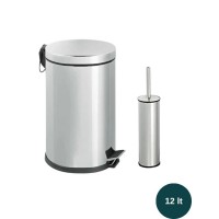 2’li Paslanmaz Çelik Banyo Seti 12 Litre Çöp Kovası ve Tuvalet Fırçası Gri