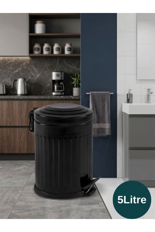 Retro 5 Litre Banyo Seti Çöp Kovası ve WC Fırçalık Amortisör Kapaklı Siyah