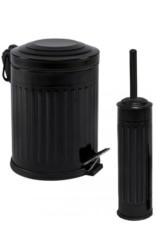Retro 5 Litre Banyo Seti Çöp Kovası ve WC Fırçalık Amortisör Kapaklı Siyah