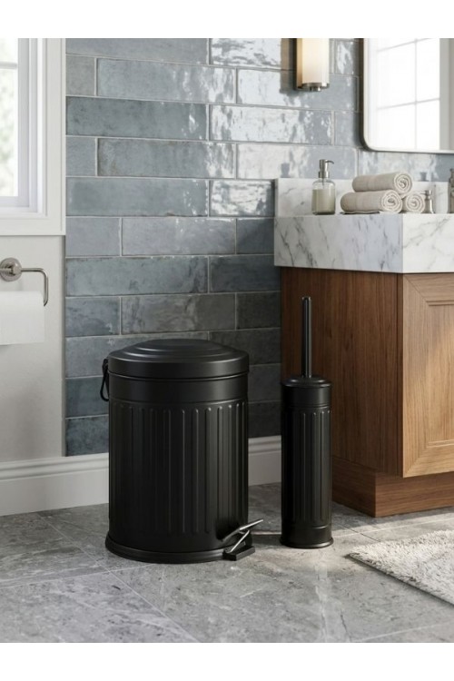 Retro 5 Litre Banyo Seti Çöp Kovası ve WC Fırçalık Amortisör Kapaklı Siyah