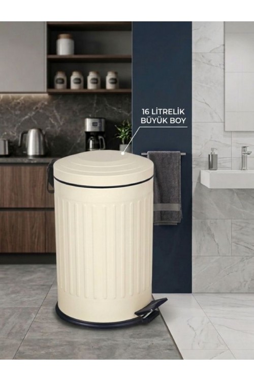 Retro 16 Litre Çöp Kovası Amortisör Kapaklı Krem Bahçe Balkon Mutfak Banyo
